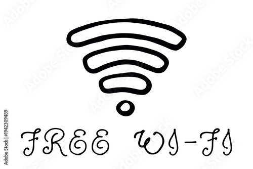 Hand drawn free wifi spot zone sign Public wi-fi area sign Wireless internet clipart in doodle style Single element for print, web, design, decor 3G, 4G, 5G, 6G, IoT
