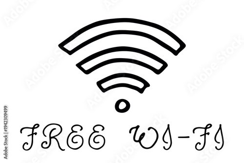 Hand drawn free wifi spot zone sign Public wi-fi area sign Wireless internet clipart in doodle style Single element for print, web, design, decor 3G, 4G, 5G, 6G, IoT