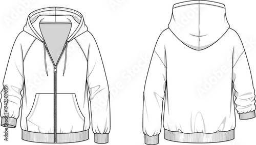 Hooded zip-up sweatshirt flat sketch, front and back view, fashion apparel template, technical drawing of hoodie, casual wear mockup, vector clothing design