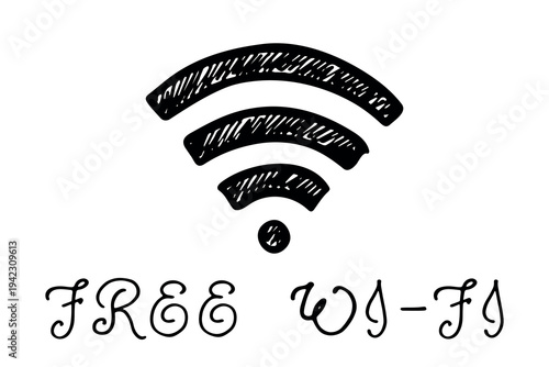 Hand drawn free wifi spot zone sign Public wi-fi area sign Wireless internet clipart in doodle style Single element for print, web, design, decor 3G, 4G, 5G, 6G, IoT