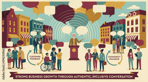 A diverse group of people engaging in community dialogue and providing customer feedback for strong business growth