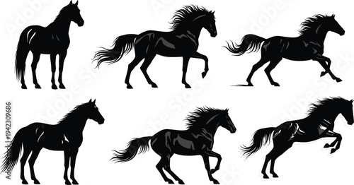 Black Horse Silhouette Collection, Galloping and Standing Poses, Elegant Wild Horses Artwork, Majestic Animal Illustration for Posters, Print Design, Vector Horse Silhouettes on White Background