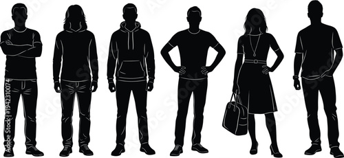 Silhouette of standing people, male and female figures, casual clothing style, diverse urban crowd, fashion concept, black shadow outline, isolated on white background