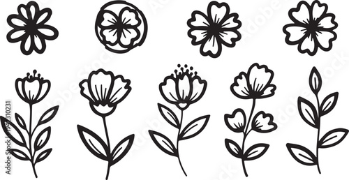 A delicate collection of black hand-drawn floral design assets, featuring various flower blooms, buds, and leafy stems with a clean, whimsical line-art aesthetic isolated on white.