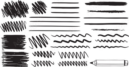 A versatile set of black hand-drawn graphic assets featuring messy marker scribbles, wavy lines, zig-zags, straight underlines, and a detailed pencil illustration isolated on white.