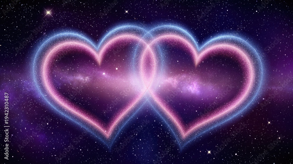 Fototapeta premium Intertwined Neon Hearts in a Cosmic Starry Fantasy Sky with Sparkling Galaxy Background