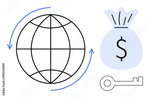 Global trade, financial security, international business, e-commerce, wealth management, payment processing. ion of a globe, key and money bag with a dollar sign. Financial security and global trade