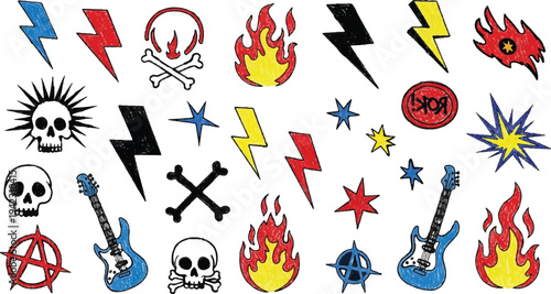A vibrant and rebellious collection of hand-drawn punk rock assets, including graffiti-style skulls, electric guitars, anarchy symbols, lightning bolts, stars, and stylized flames in a primary color.