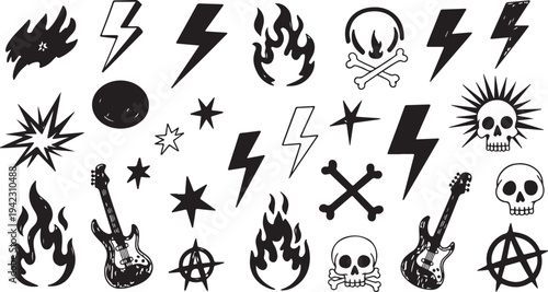 A rebellious collection of black hand-drawn punk rock assets including stylized skulls, electric guitars, anarchy symbols, lightning bolts, and flames isolated on a clean white background.