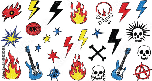A vibrant and rebellious collection of hand-drawn punk rock assets, including graffiti-style skulls, electric guitars, anarchy symbols, lightning bolts, stars, and stylized flames in a primary color.