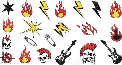 A rebellious collection of hand-drawn punk rock assets including graffiti skulls with mohawks, electric guitars, safety pins, anarchy symbols, lightning bolts, and stylized flames.