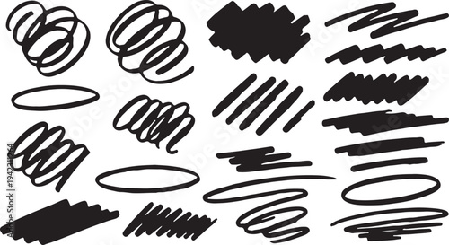 A dynamic collection of black hand-drawn graphic assets, featuring energetic spiral doodles, circular swirls, wavy scribbles, and thick marker strokes isolated on a white background.