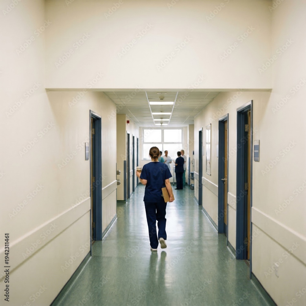 Fototapeta premium Female nurse in blue scrubs walking down a hospital corridor carrying coffee and a clipboard during shift change with copy space on the upper wall background