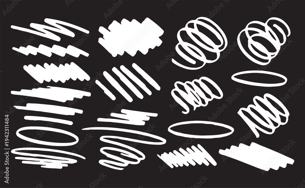 Fototapeta premium A dynamic collection of white hand-drawn graphic assets, featuring energetic spiral doodles, circular swirls, wavy scribbles, and thick marker strokes isolated on a solid black background.