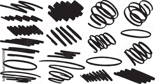 A dynamic collection of black hand-drawn graphic assets, featuring energetic spiral doodles, circular swirls, wavy scribbles, and thick marker strokes isolated on a white background.
