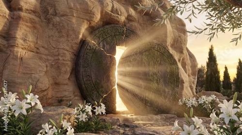 Photorealistic scene of an empty stone tomb at sunrise. Brilliant light rays shine from behind the rolled rock, surrounded by white lilies, conveying a miraculous mood of hope and resurrection.