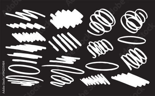 A dynamic collection of white hand-drawn graphic assets, featuring energetic spiral doodles, circular swirls, wavy scribbles, and thick marker strokes isolated on a solid black background.