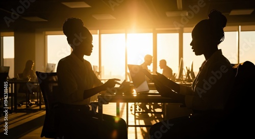Two African American Women Mentoring in Modern Office at Sunset