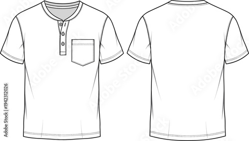 Short sleeve henley shirt flat sketch, front and back view, button placket, chest pocket design, fashion vector template, casual clothing mockup, apparel outline