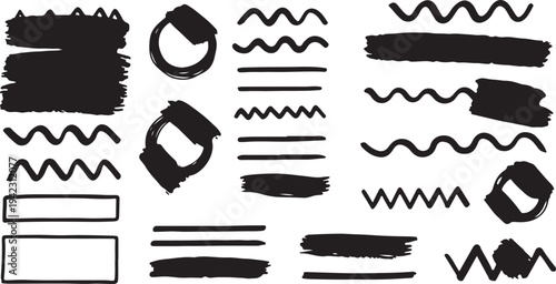 A versatile collection of black hand-drawn design assets, featuring thick paint strokes, wavy lines, zig-zags, circular doodles, and rectangular frames isolated on a white background.