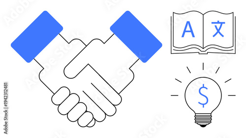 Business partnerships, global communication, translation services, innovation, financial strategies, collaboration. Handshake, book with translation symbols and lightbulb with dollar sign. Business