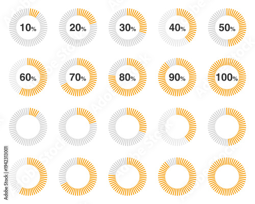 Minimal flat vector orange donut chart progress indicator set 10–100 percent, circular data visualization rings, infographic dashboard UI elements isolated on light background