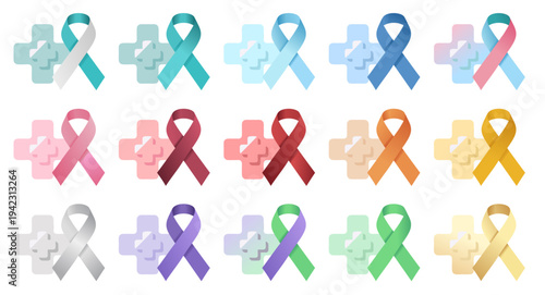 Collection of colorful awareness ribbons with medical cross sign, sticker/icon pack, isolated on transparent background