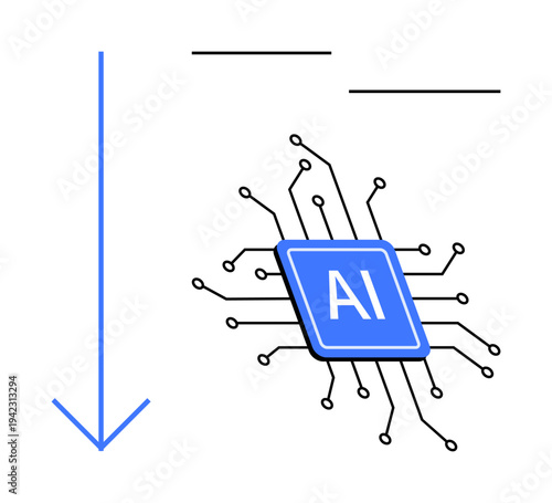 Technology innovation, AI integration, data processing, intelligent systems, solutions development, future tech. Blue AI chip with circuit lines and downward arrow. Technology innovation and AI