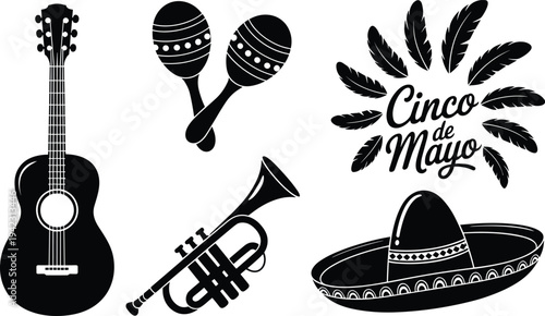 Black vector icons for Cinco de Mayo celebration featuring acoustic guitar maracas trumpet sombrero hat and festive decorative holiday lettering