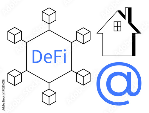 Financial technology, blockchain, decentralization, housing market, online communication, investment opportunities. Hexagonal network with DeFi text, house and at symbol. Financial technology