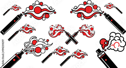 Set of 10 Vector Illustrations of Black and Red Vaping Devices with Stylized Smoke Clouds and Bubbles, Depicting E-Cigarette Usage and Vaping Culture