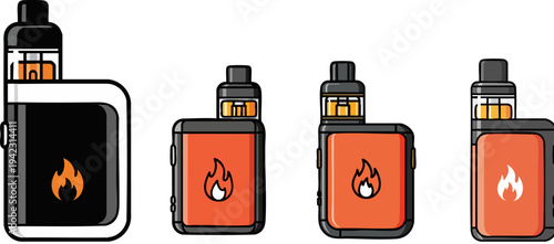 Set of 4 Modern Vape Device Vector Illustrations with Flame Icons, Featuring Black and Orange Designs for E-Cigarette and Vaping Concepts