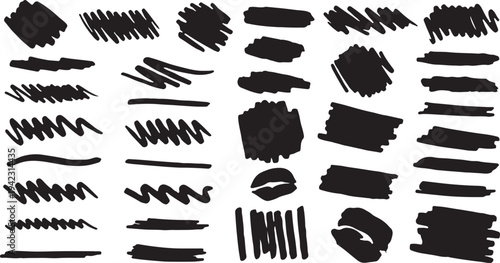 A comprehensive set of black hand-drawn scribbles, messy marker strokes, organic lines, and crosshatch textures isolated on a white background for creative graphic design.