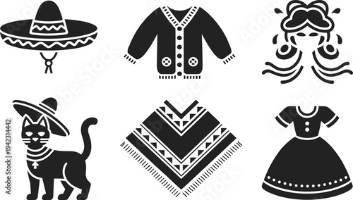 Mexican Cultural Icon Set Featuring Sombrero Poncho Traditional Dress Cardigan Cat in Hat and Folk Dance Silhouette for Cinco de Mayo