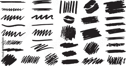 A large collection of black marker scribbles, messy hand-drawn lines, crosshatch textures, and organic brush strokes isolated on a white background.