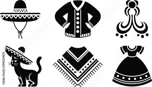 Mexican Culture Vector Icon Set Featuring Sombrero Poncho Festive Dress Cardigan Folk Ornament And Grumpy Cat In Hat For Celebration