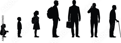 Silhouette of human life stages, growth from child to old age, people evolution concept, black figures on white, age progression illustration, isolated design
