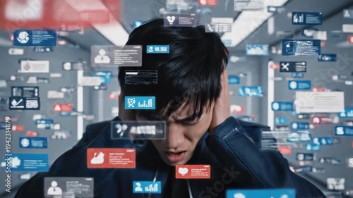 Man overwhelmed by social media notifications on virtual screens.