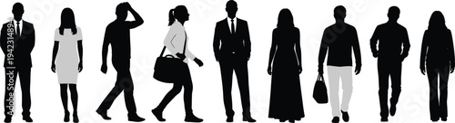 Silhouette of diverse people walking, business attire, casual fashion, men and women group, standing, walking, modern style, teamwork, urban life, professionals, office workers
