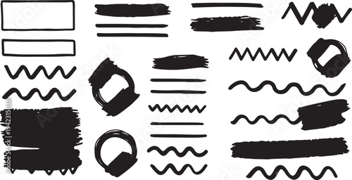 A comprehensive collection of black hand-drawn design elements, including thick paint strokes, wavy lines, zig-zags, circles, and rectangular frames for creative layouts.