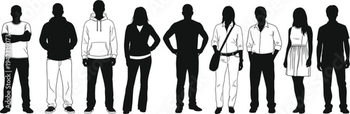 Silhouette of diverse people, men and women standing, modern fashion clothing, urban style group, casual pose, black and white figures, isolated on white background