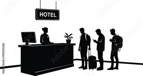 Black silhouette illustration of hotel reception scene with receptionist at front desk, guests carrying luggage waiting to check in, symbolizing travel, hospitality, service, and creative artwork pro