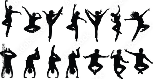 Silhouettes of dancers in various ballet and contemporary dance poses, graceful motion vector set, performing arts illustration, artistic dance movement, expressive body gesture design
