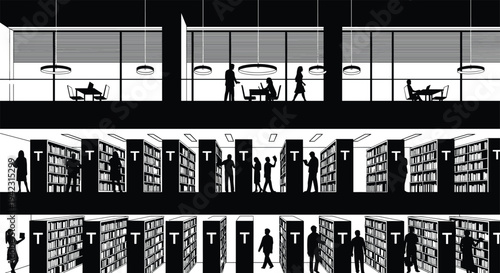 Black silhouette illustration of multi-level library with bookshelves, study tables, and people reading, educational artwork concept for learning, knowledge, literature, and academic design projects