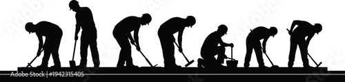 Black silhouette illustration of seven construction workers using tools on platform, symbolizing manual labor, infrastructure development, teamwork, industrial work, and creative artwork projects