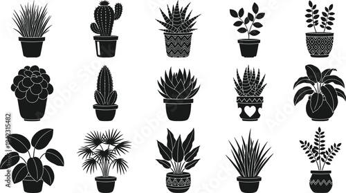 Black silhouette illustration of sixteen diverse potted plants including succulents, cacti, and leafy species, symbolizing nature, decoration, gardening, interior design, and creative artwork projects