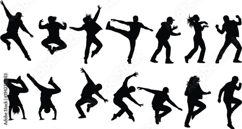 Silhouettes of dancers performing dynamic hip hop breakdance moves, street dance, urban culture, energetic performance, active lifestyle, freestyle dancing, youth expression, vibrant motion.
