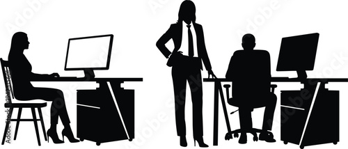 Black silhouette illustration of three office workers at desks with computers and supervisor standing, symbolizing teamwork, professional workplace, business environment, and creative artwork projects
