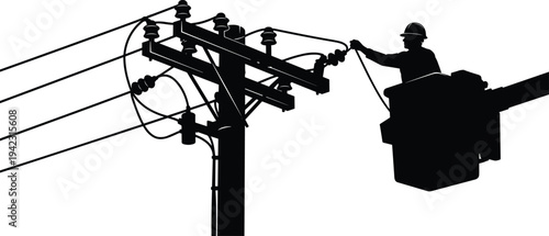 Black silhouette illustration of utility worker in bucket lift repairing electrical power lines on utility pole, symbolizing infrastructure maintenance, hazardous work, energy supply, and creative