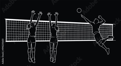 Black silhouette illustration of volleyball game with players spiking and blocking at net, symbolizing teamwork, competition, athleticism, sports action, and creative artwork projects